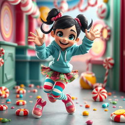 A playful character inspired by Vanellope from Wreck-It Ralph in a dynamic and lively pose, wearing a cute and colorful outfit consisting of a turquoise hoodie, striped candy-themed leggings, and a skirt made of vibrant candy wrappers