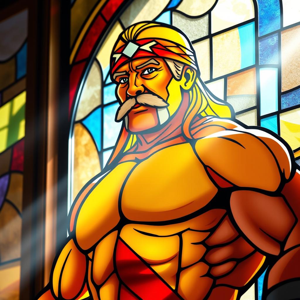 A stained glass window depicting Hulk Hogan, showcasing his iconic muscular physique and signature yellow and red wrestling attire