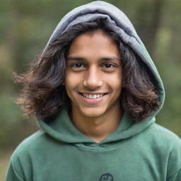 Adjust the portrait of the young Indian teenager, now with a trendy, casual hoodie and longer, unruly hair. His warm smile and dreamful eyes remain constant.