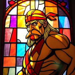 A stained glass window depicting Hulk Hogan, showcasing his iconic muscular physique and signature yellow and red wrestling attire