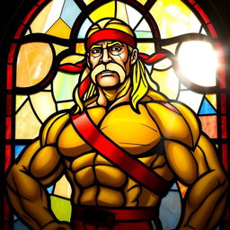 A stained glass window depicting Hulk Hogan, showcasing his iconic muscular physique and signature yellow and red wrestling attire