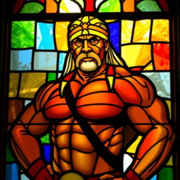 A stained glass window depicting Hulk Hogan, showcasing his iconic muscular physique and signature yellow and red wrestling attire