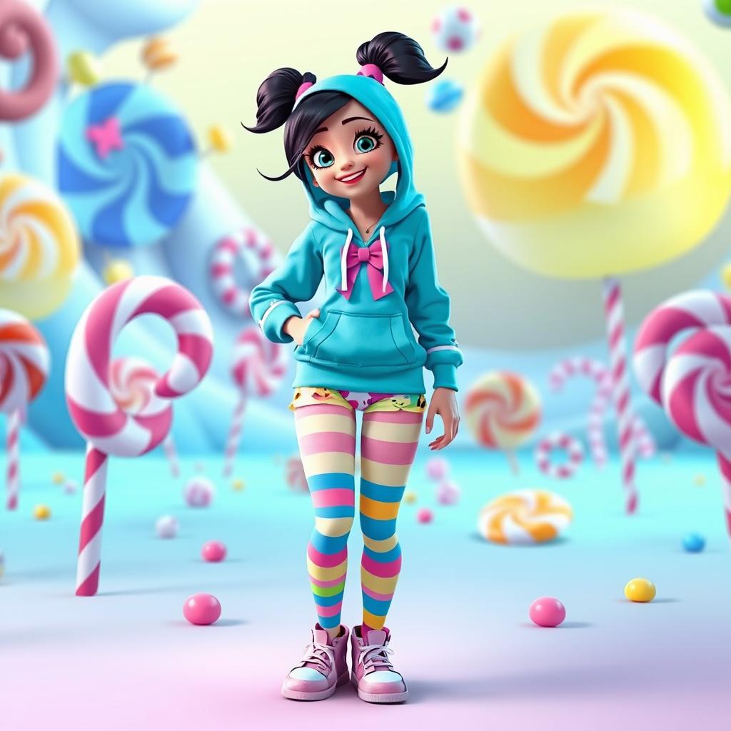 A playful character inspired by Vanellope from Wreck-It Ralph, showcasing her vibrant and whimsical outfit featuring a turquoise hoodie, colorful striped candy-themed leggings, and a playful touch with cute, character-themed panties visible in a non-suggestive manner