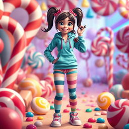 A playful character inspired by Vanellope from Wreck-It Ralph, showcasing her vibrant and whimsical outfit featuring a turquoise hoodie, colorful striped candy-themed leggings, and a playful touch with cute, character-themed panties visible in a non-suggestive manner