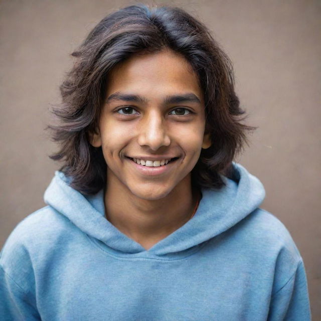 Adjust the portrait of the young Indian teenager, now with a trendy, casual hoodie and longer, unruly hair. His warm smile and dreamful eyes remain constant.