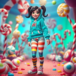 A playful character inspired by Vanellope from Wreck-It Ralph, showcasing her vibrant and whimsical outfit featuring a turquoise hoodie, colorful striped candy-themed leggings, and a playful touch with cute, character-themed panties visible in a non-suggestive manner