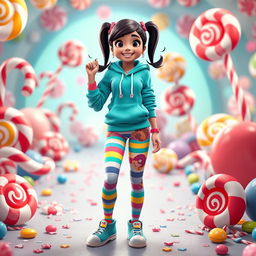 A playful character inspired by Vanellope from Wreck-It Ralph, showcasing her vibrant and whimsical outfit featuring a turquoise hoodie, colorful striped candy-themed leggings, and a playful touch with cute, character-themed panties visible in a non-suggestive manner