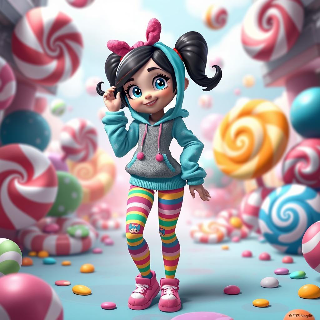 A playful character inspired by Vanellope from Wreck-It Ralph, showcasing her vibrant and whimsical outfit featuring a turquoise hoodie, colorful striped candy-themed leggings, and a playful touch with cute, character-themed panties visible in a non-suggestive manner