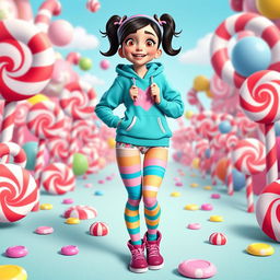 A playful character inspired by Vanellope from Wreck-It Ralph, showcasing her vibrant and whimsical outfit featuring a turquoise hoodie, colorful striped candy-themed leggings, and a playful touch with cute, character-themed panties visible in a non-suggestive manner