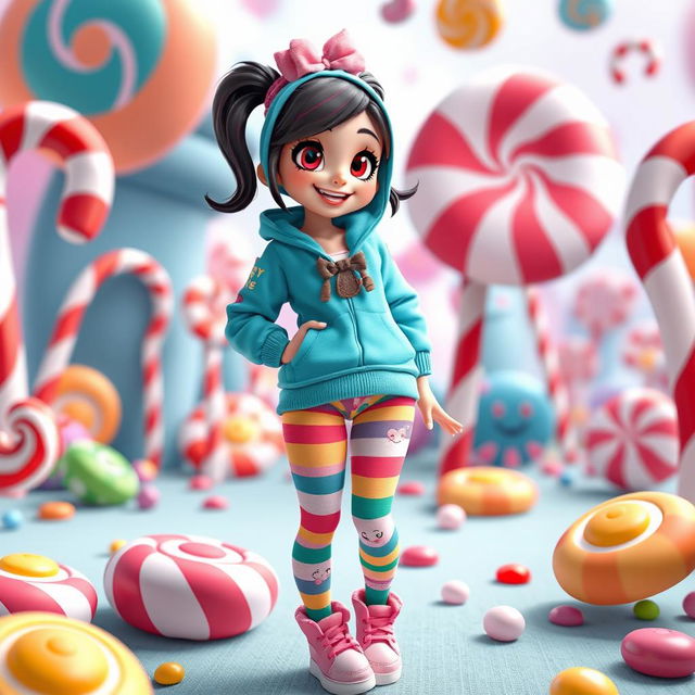 A playful character inspired by Vanellope from Wreck-It Ralph, showcasing her vibrant and whimsical outfit featuring a turquoise hoodie, colorful striped candy-themed leggings, and a playful touch with cute, character-themed panties visible in a non-suggestive manner