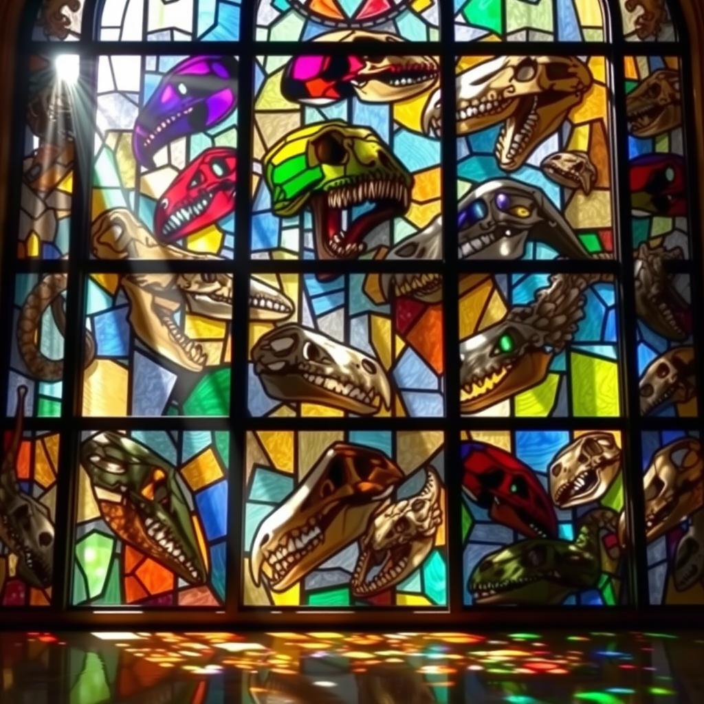 A stunning stained glass window featuring an intricate design of dinosaur skulls