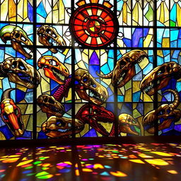 A stunning stained glass window featuring an intricate design of dinosaur skulls