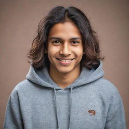 Adjust the portrait of the young Indian teenager, now with a trendy, casual hoodie and longer, unruly hair. His warm smile and dreamful eyes remain constant.