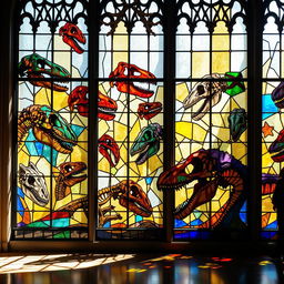 A stunning stained glass window featuring an intricate design of dinosaur skulls