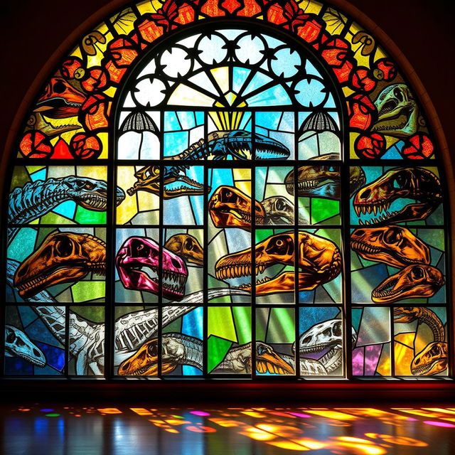 A stunning stained glass window featuring an intricate design of dinosaur skulls