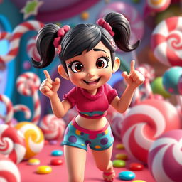 A playful character inspired by Vanellope from Wreck-It Ralph, depicted with a whimsical and colorful setting