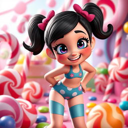 A playful character inspired by Vanellope from Wreck-It Ralph, depicted with a whimsical and colorful setting