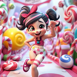 A playful character inspired by Vanellope from Wreck-It Ralph, depicted with a whimsical and colorful setting