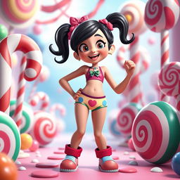 A playful character inspired by Vanellope from Wreck-It Ralph, depicted with a whimsical and colorful setting