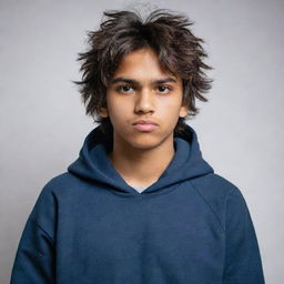 Maintain the current appearance of the young Indian teenager in a hoodie with messy hair, but alter his expression to a more serious, thoughtful one.