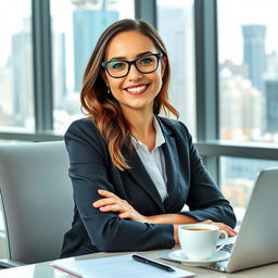 A beautiful female secretary in her 30s, wearing elegantly styled eyeglasses