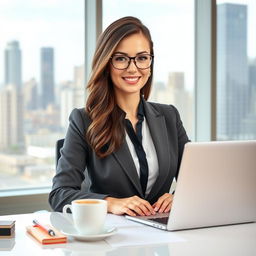 A beautiful female secretary in her 30s, wearing elegantly styled eyeglasses