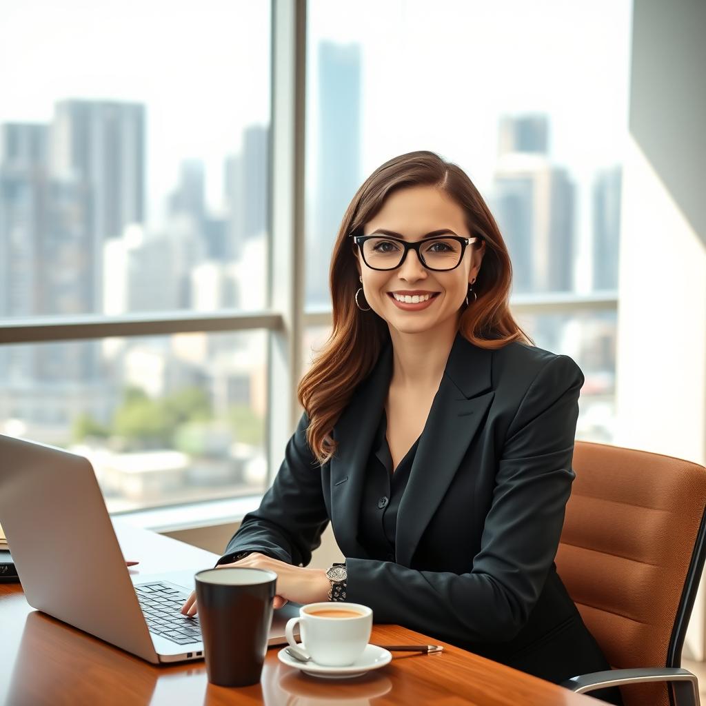 A beautiful female secretary in her 30s, wearing elegantly styled eyeglasses