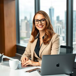 A beautiful female secretary in her 30s, wearing elegantly styled eyeglasses