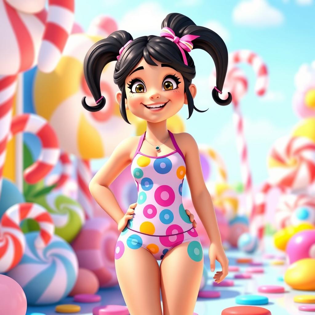 A playful character inspired by Vanellope from Wreck-It Ralph, wearing a cute and colorful swimsuit with candy-themed patterns