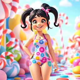 A playful character inspired by Vanellope from Wreck-It Ralph, wearing a cute and colorful swimsuit with candy-themed patterns