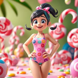 A playful character inspired by Vanellope from Wreck-It Ralph, wearing a cute and colorful swimsuit with candy-themed patterns