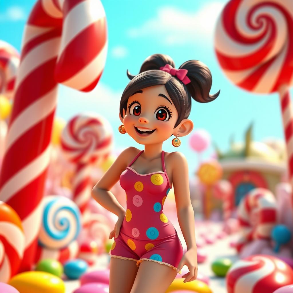 A playful character inspired by Vanellope from Wreck-It Ralph, wearing a cute and colorful swimsuit with candy-themed patterns