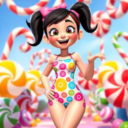 A playful character inspired by Vanellope from Wreck-It Ralph, wearing a cute and colorful swimsuit with candy-themed patterns