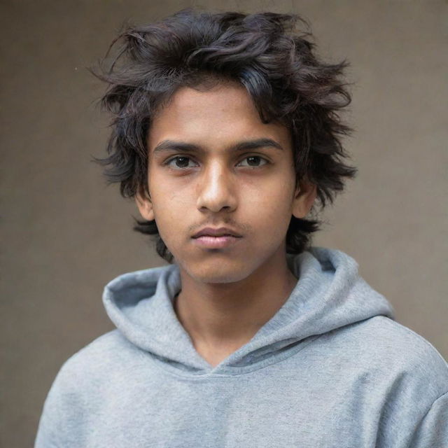 Maintain the current appearance of the young Indian teenager in a hoodie with messy hair, but alter his expression to a more serious, thoughtful one.