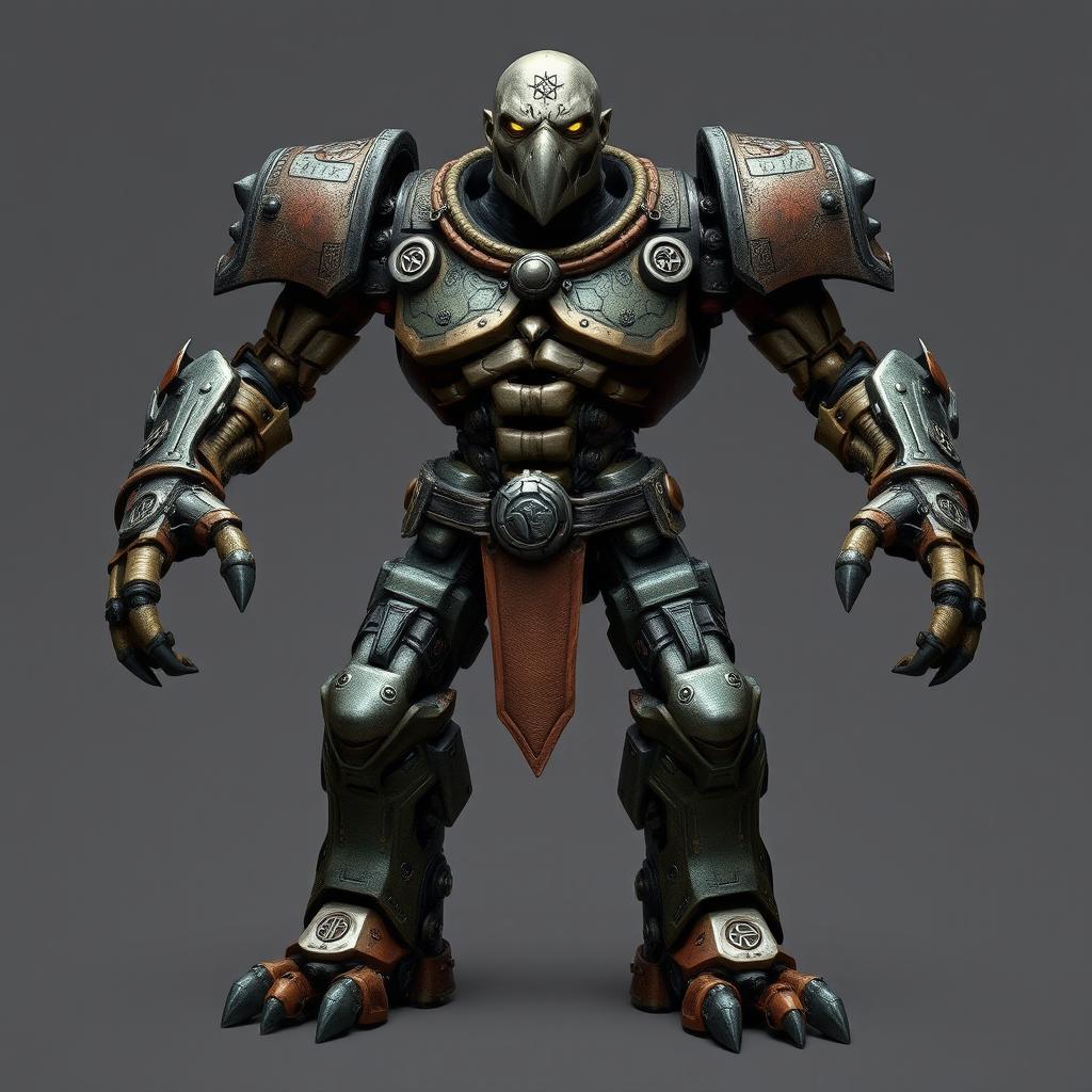 A full-body depiction of a Warforged from Dungeons and Dragons, showcasing a humanoid construct made from magically enchanted materials