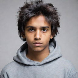 Maintain the current appearance of the young Indian teenager in a hoodie with messy hair, but alter his expression to a more serious, thoughtful one.