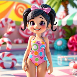 A playful character inspired by Vanellope from Wreck-It Ralph, wearing a colorful two-piece swimsuit with candy-themed patterns