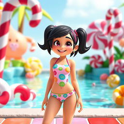 A playful character inspired by Vanellope from Wreck-It Ralph, wearing a colorful two-piece swimsuit with candy-themed patterns