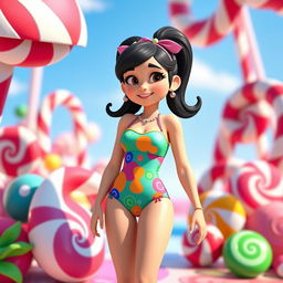 A playful character inspired by Vanellope from Wreck-It Ralph, wearing a colorful two-piece swimsuit with candy-themed patterns