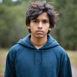 Maintain the current appearance of the young Indian teenager in a hoodie with messy hair, but alter his expression to a more serious, thoughtful one.