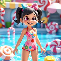 A playful character inspired by Vanellope from Wreck-It Ralph, wearing a colorful two-piece swimsuit with candy-themed patterns