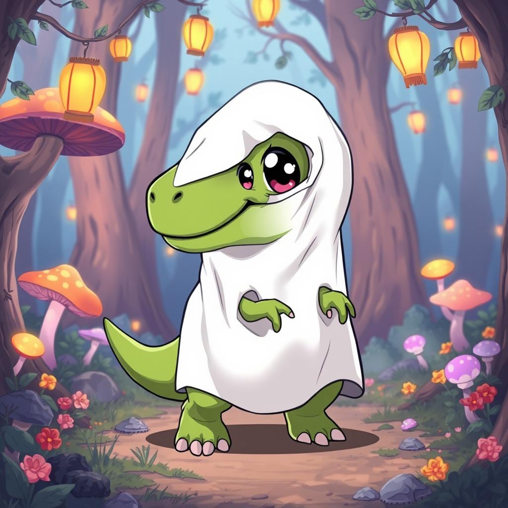 A cartoon-style T-Rex dressed in a ghost sheet costume, with cute anime big eyes peeking through the eye holes