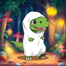 A cartoon-style T-Rex dressed in a ghost sheet costume, with cute anime big eyes peeking through the eye holes