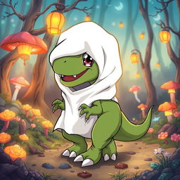 A cartoon-style T-Rex dressed in a ghost sheet costume, with cute anime big eyes peeking through the eye holes