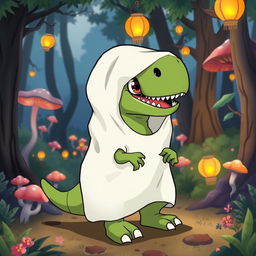 A cartoon-style T-Rex dressed in a ghost sheet costume, with cute anime big eyes peeking through the eye holes