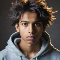 Retouch the portrait of the young Indian teenager. He maintains his serious expression, hoodie, and messy hair, while being surrounded by a divine, subtle glow.