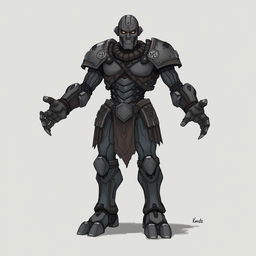 A full-body drawing of a Warforged from Dungeons and Dragons, showcasing a humanoid construct made from magically enchanted materials