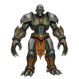 A full-body drawing of a Warforged from Dungeons and Dragons, showcasing a humanoid construct made from magically enchanted materials