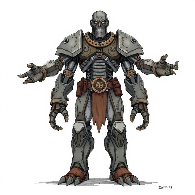 A full-body drawing of a Warforged from Dungeons and Dragons, showcasing a humanoid construct made from magically enchanted materials