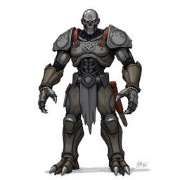 A full-body drawing of a Warforged from Dungeons and Dragons, showcasing a humanoid construct made from magically enchanted materials